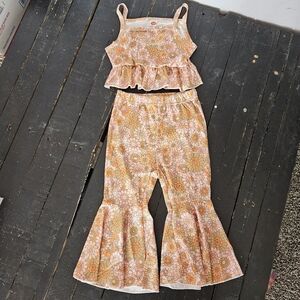 Retro Floral Pink Orange Two Piece Matching Outfit Set Crop Tank Bell Bottoms